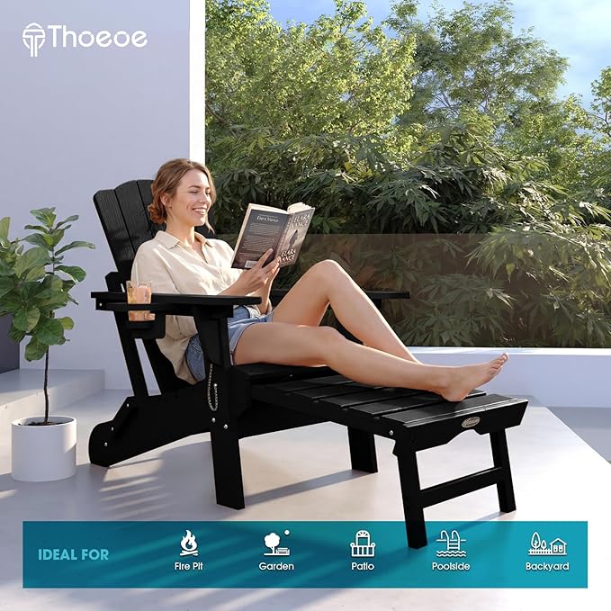 THOEOE Folding Adjustable Adirondack Chairs with Ottoman & 1 Cup Holders Set of 2, HDEP Multifunctional Adirondack Chair with Footrest,Black