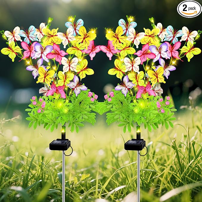 VOOKRY Butterfly Solar Garden Lights Outdoor, 2 Pack Solar Flower Garden Decor, Waterproof Decorative Lights for Outside Patio Yard Pathway Lawn Grave Cemetery, Gardening Gifts for Women Mother's Day