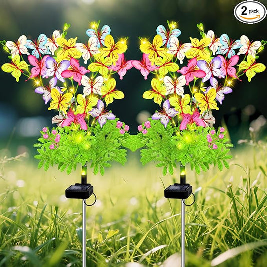 VOOKRY Butterfly Solar Garden Lights Outdoor, 2 Pack Solar Flower Garden Decor, Waterproof Decorative Lights for Outside Patio Yard Pathway Lawn Grave Cemetery, Gardening Gifts for Women Mother's Day