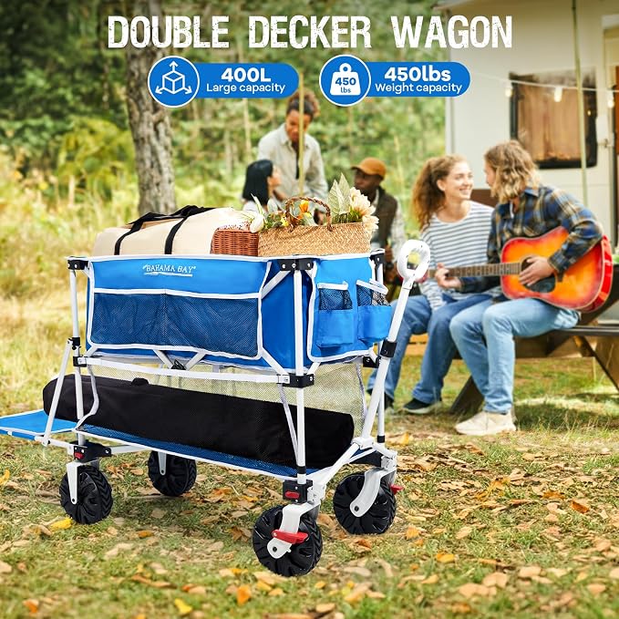 Old Bahama Bay 400L Collapsible Double Decker Beach Wagon with Brakes, Folding Beach Cart with 54" Extra Long Decker, 450LBS Heavy Duty Wagon Chart with All-Terrain Big Wheels for Sand Camping Garden