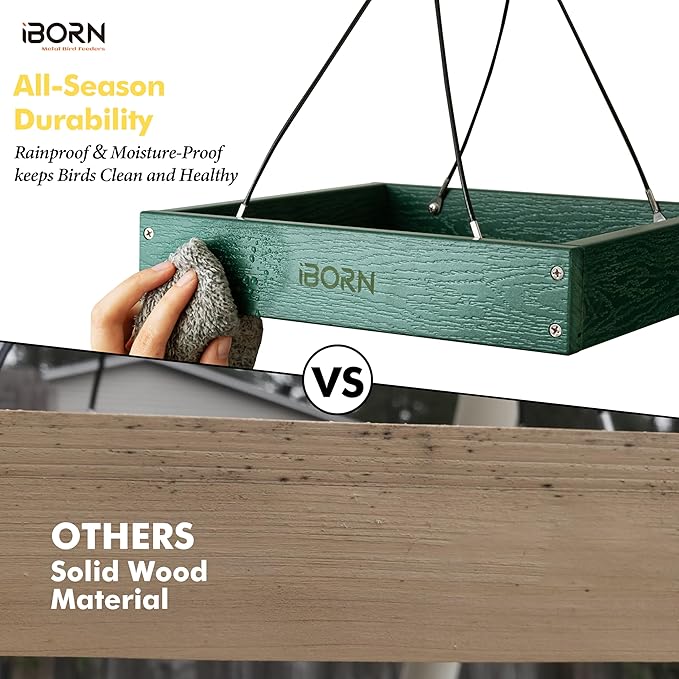 iBorn Platform Bird Feeder Tray, Bird Feeders for Outdoors Hanging, Flat Birdfeeder Tray with Large Capacity 3LBS, WPC Recycled Plastic & Cedar Look, Waterproof, 10.5"x10.5", Green