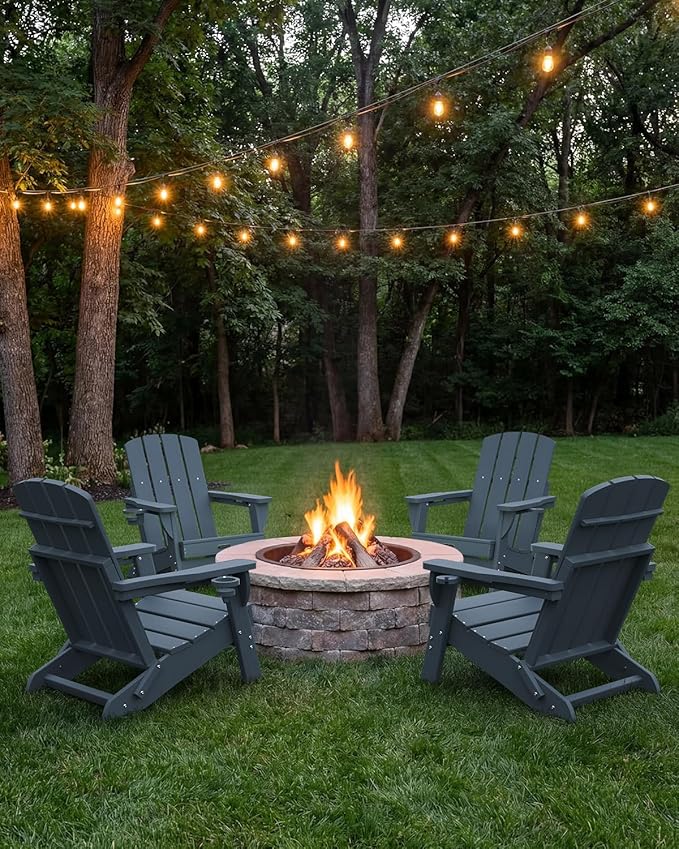 Folding Adirondack Chair 6 Pack, HDPE All-Weather Fire Pit Chairs, Plastic Adirondack Chairs with 2 Cup Holder, Outdoor Lawn Chair for Patio Garden (New Blue)