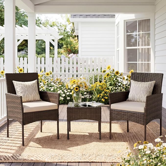 Sweetcrispy 3 Piece Patio Furniture Set, All-Weather Outdoor Wicker Bistro Set with Removable Cushions & Tempered Glass Table, Small Conversation Seating for Porch, Balcony, Deck, Backyard, Brown