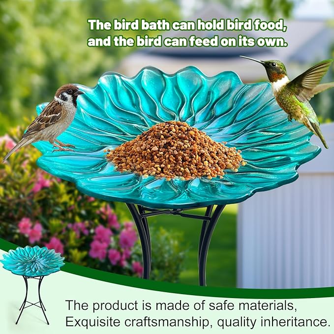 HONGLAND Bird Bath for Outside,15" Diameter Large Glass Birdbaths for Outdoors,Detachable Bird Baths Bowl with Metal Stand for Garden Patio Lawn Decor,19" Height - Green