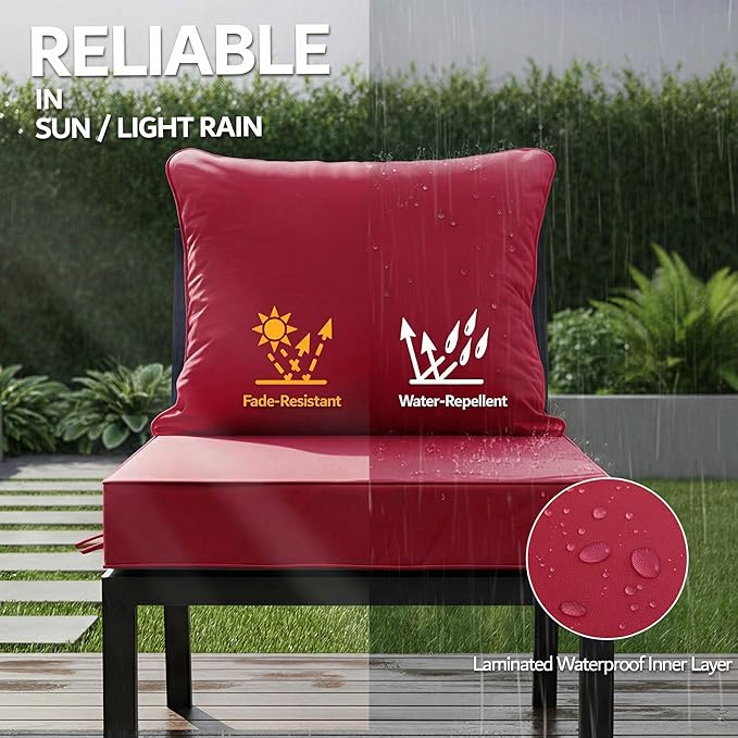 22x22 Inch Patio Chair Cushions Set of 2, Outdoor Furniture Cushions - Removable Cover, Water-Repellent, Fade-Resistant, Non-Slip Bottom & Straps, Replacement for Lawn, Porch & Deck Chair - Burgundy