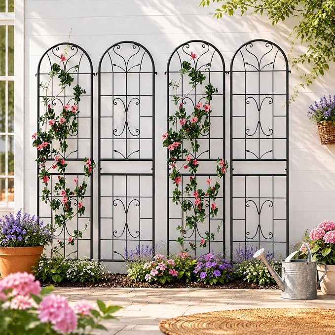 4 Pack 87x20in Garden Trellises, Ornate Scrollwork Black Metal Coated Rustproof Trellis for Climbing Plants Outdoor, Roses, Vegetables, Vines, Cucumbers