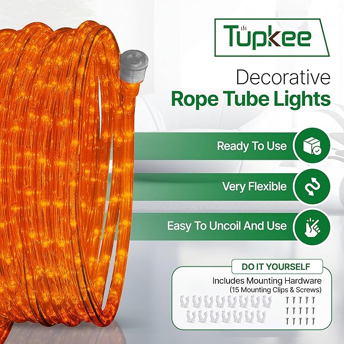 Tupkee LED Rope Light Orange - for Indoor and Outdoor use, 24 Feet (7.3 m) - 10MM Diameter - 144 LED Long Life Bulbs Rope Tube Lights