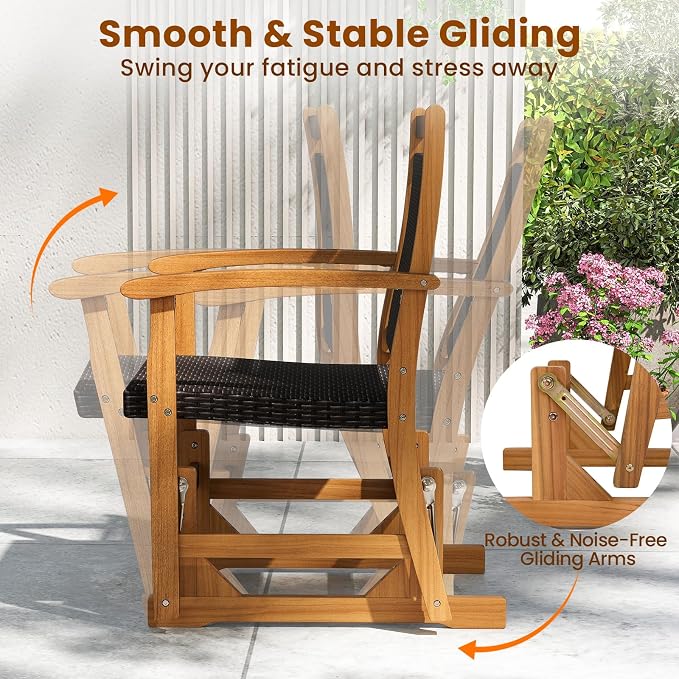 Tangkula Patio Rattan Glider Chair, Swing Gliding Rocker w/Acacia Wood Frame & Wicker Seat Back, Outdoor Rocking Armchair w/Curved Armrests for Porch, Backyard, Poolside (1 Seat)