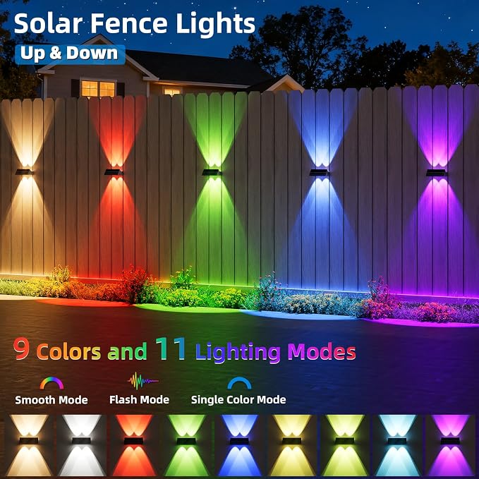 NIORSUN Solar Fence Lights Outdoor, 16 Pack Up and Down Waterproof Solar Wall Lights, Fence Lights with Lens, Warm & Cool White + RGB, Dusk to Dawn Lighting for Patio, Backyard, Pool, Railing (Black)