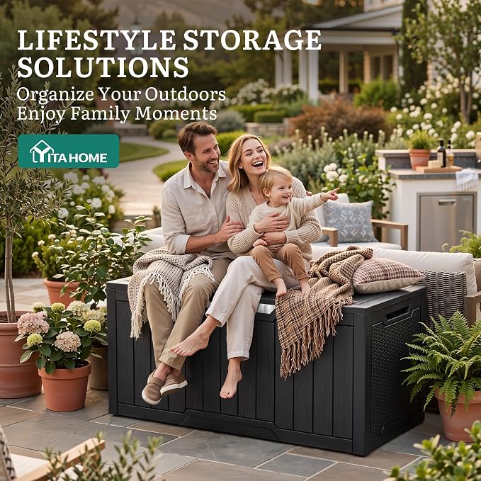 YITAHOME 100 Gallon Large Outdoor Storage Box, Water Resistant Resin Deck Box w/Silver Decorative PVC Trim Pane, Lockable Rattan Storage Container for Patio, Garden, Cushions, Tools(Black & Silver)