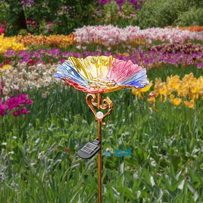 Garden Decor Gifts Solar Glass Blue Bird Bath Yard Art Garden Outdoor Birdbath with Metal Stake with White LED Light Metal Stake Garden for Women