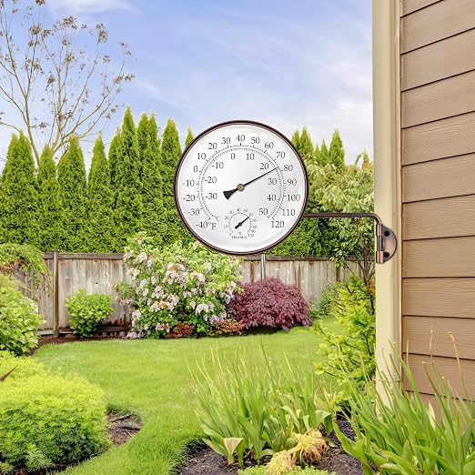 6 Inch Analog Outdoor Thermometer Hygrometer, Solid Copper Weatherproof Large Dial with Swivel Mount, No Battery Mechanical Gauge for Patio Garden Greenhouse Garage Wall
