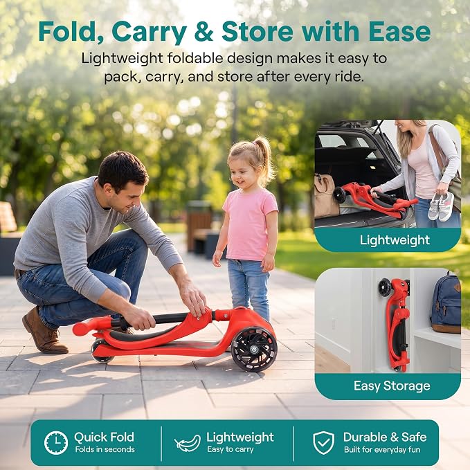 SereneLife 3 Wheel Scooter for Toddlers & Kids, Foldable Seat, LED Wheels, Adjustable Handlebar, Anti-Slip Deck, Rear Foot Brake, Lean-to-Steer, Kid Scooter, Supports up to 110 lbs (Red)
