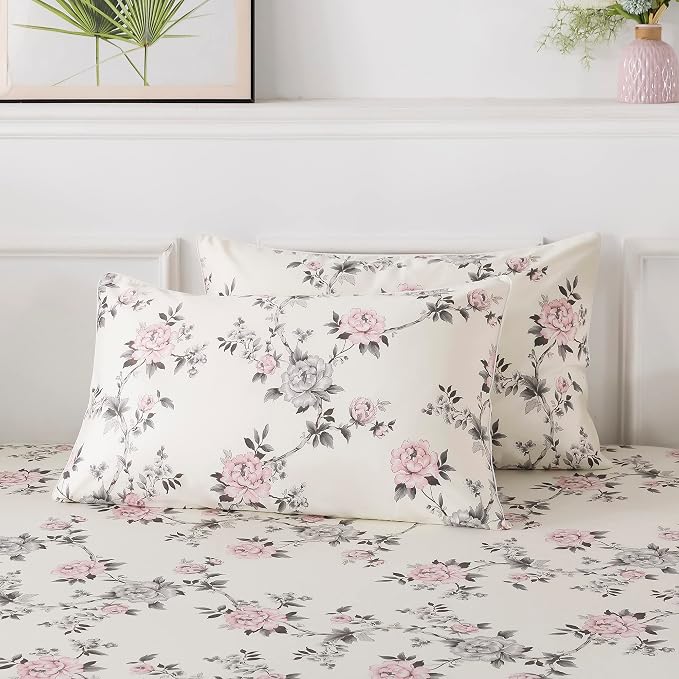 FADFAY Floral Sheets Set Queen Vintage Rose Floral Bedding Shabby Grey and Pink Peony Printed Sheets Farmhouse Bedding 800 Thread Count 100% Egyptian Cotton Deep Pocket Fitted Sheet 4Pcs, Queen Size