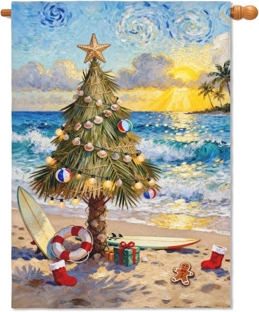 Coastal Christmas House Flag 28x40 Inch Xmas Tree Beach Holiday Themed Decorative Garden Flags for Outside Double Sided Winter Seasonal Outdoor Home Farmhouse Decoration Yard Porch New Year Decor