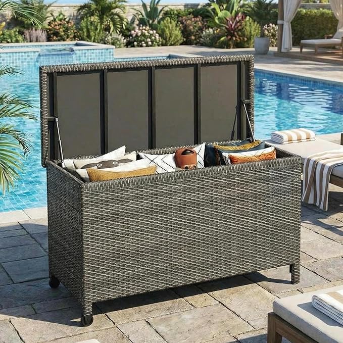 GarveeHome 185 Gallon Wicker Deck Box, All-Weather Outdoor Storage Bin with Rattan Finish, Large Capacity for Patio Furniture, Cushions, Pool Supplies & Garden Tools