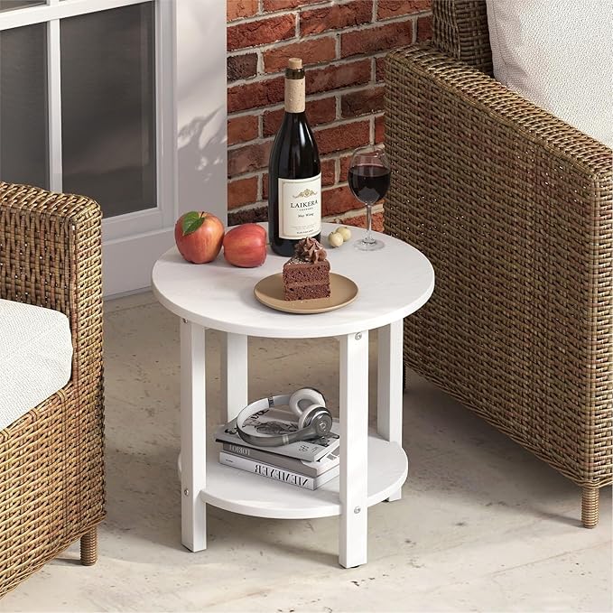 HDPE Outdoor Side Table for Patio, 18.1-Inch Weatherproof Small Outdoor Table for Adirondack, 2-Tier Round End Table for Garden Backyard Porch Deck Balcony Poolside (White)