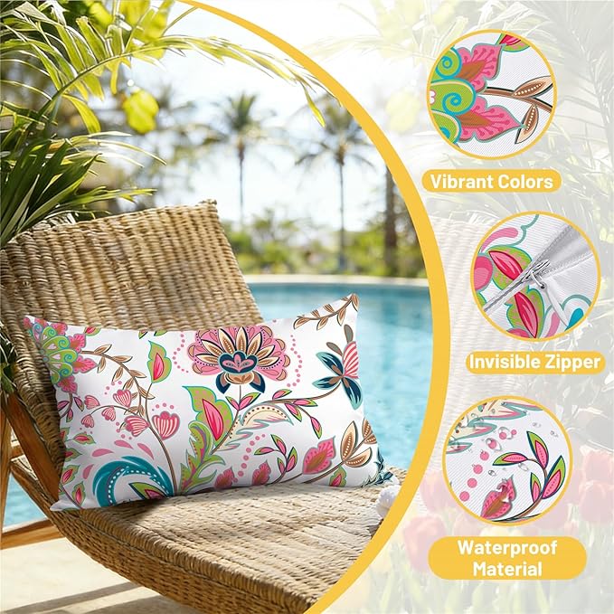NIGHTWISH Outdoor Waterproof Pillow Covers 12x20 Set of 4 Spring Summer Floral Boho Decorative Outdoor Throw Pillows Paisley Cushion Cases for Patio Furniture Bench Couch Sunbrella
