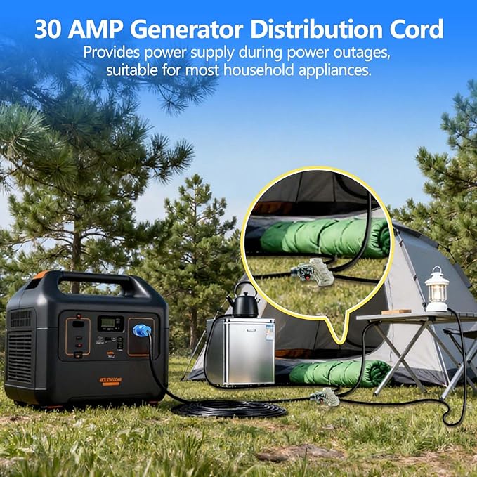 30 Amp to 110 Adapter, 25FT Locking 30 Amp Generator Cord with Circuit Breaker, NEMA L5-30P Male to 3X 5-20 Female, 12/3 Guage 3 Outlet Adapter, ETL Listed Generator Adapter Cord