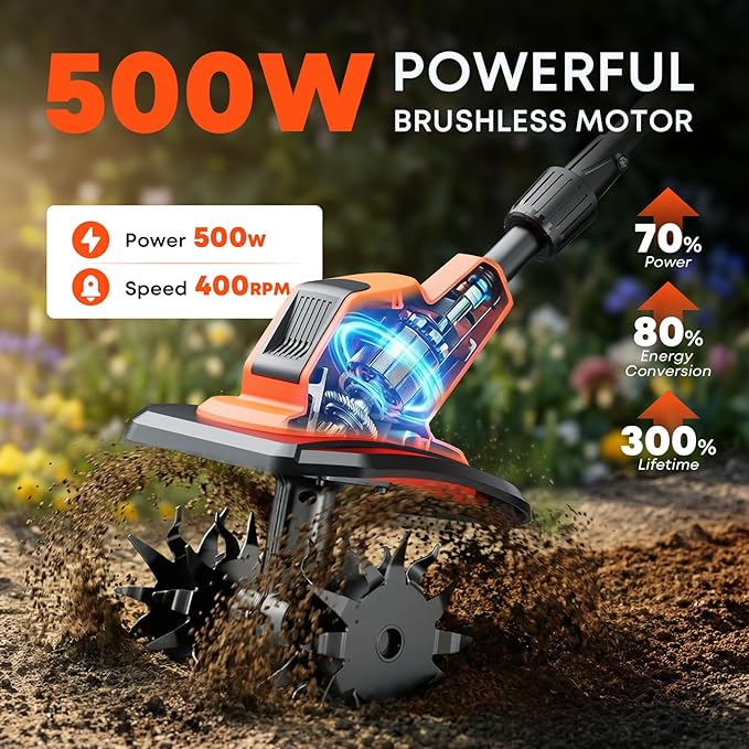 21V Cordless Tiller Cultivator, 6000mAh Battery Powered Tiller, 400RPM Electric Tiller for Gardening, 9.5" Width, 7" Depth for Soil Preparation, Lightweight Garden Rototiller for Lawn/Soil Cultivation