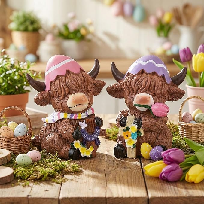 Simgoing 2 Pack Easter Highland Cow Figurines, He is Risen Figurines Highland Cow Decor Spring Home Table Decorations with Egg and Cross Calf Lovers Easter Gifts for Holiday Centerpieces Ornament