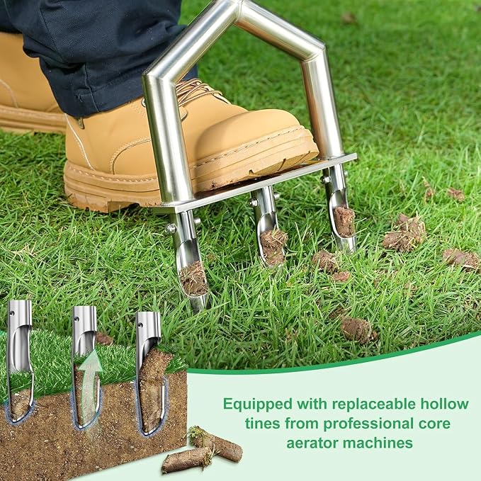 Manual Push Core Aerator Lawn Tool: Semi-Assembled Lawn Aerator with 3 Replaceable Hollow Tine - Yard Aeration Tool for Lawn Grass Plug Air Aerators, Handheld Lawn Care Coring Aerator - Blue