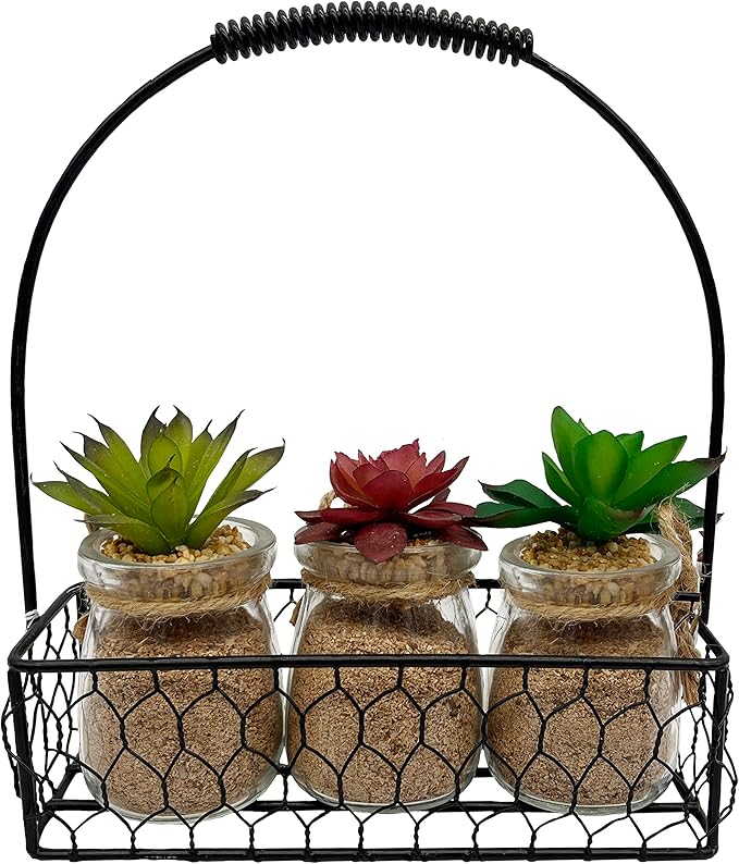 Admired by Nature 3pcs Succulents in Glass Jar W/Metal Basket Indoor Spring Summer Faux Plant décor, Wedding Centerpieces, Tabletop, Home Décor, Office Desk, Kitchen Table Décor, Green