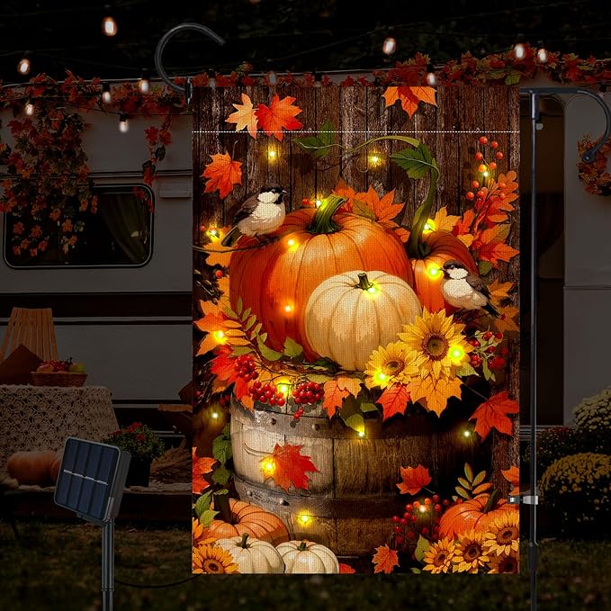 Lighted Pumpkin Fall Garden Flag 12 x 18 Inch Double Sided Burlap Led Autumn Watercolor Bird Garden Flag for Party Yard Outdoor Decoration