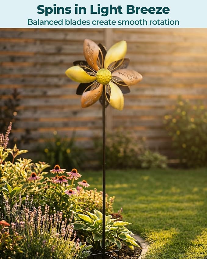 Metal Wind Spinner for Yard, Double-Sided Kinetic Garden Spinner, 37" H Outdoor Yard Decor with 5-Prong Ground Stake, Weather-Resistant Lawn Ornament