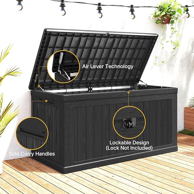 Skepphlay 260 Gallon Deck Box Extra Large, Outdoor Storage Box Lockable, Patio Storage Box Waterproof and UV Resistant, 440lbs Load Capacity for Garden, Patio, Pool (Black)