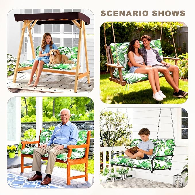 Porch Swing Cushion with Backrest,Waterproof Bench Cushion for Outdoor Furniture,2-3 Seater Replacement Thickened Swing Cushion with Ties,Patio,Outdoor,Backyard and Garden (Fresh Leafy,47x40")