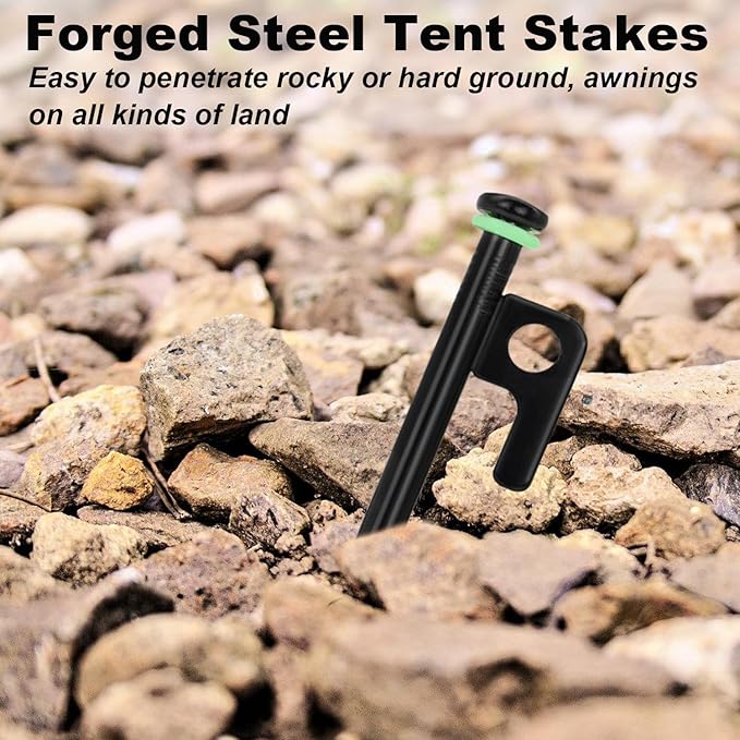 32Pcs Tent Stakes, 8in Heavy Duty Tent Stakes with Storage Pouch, Forged Steel Tent Sakes Metal, Metal Stakes for Tent Used on Grassland, Snowfield, Dessert(32Pcs, 8in, Diameter 3/8")