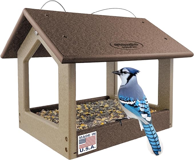 DutchCrafters Amish USA Made Recycled Plastic Large Hanging Modern Fly Through Covered Roof Open Platform Tray Bird Feeder for Outdoors, Garden, Yard (Tudor Brown & Weatherwood)