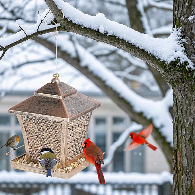 MYITYARD Bird Feeder for Outdoors Hanging, 4 lbs Large Capacity Metal Wild Bird Feeders - Vintage Bronze Finish Rust-Resistant Birdfeeder for Garden Yard Balcony Decor, Easy Fill, Thickened