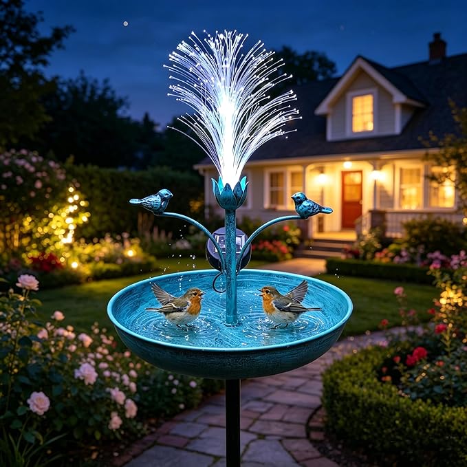 JOYBEE 43In Metal Solar Bird Bathtub with Optical Fiber -Bird Baths Feeder Bowl for Outside, Vintage Freestanding Birdbaths, Bird Baths Outdoor Stake for Garden Patio Yard Lawn Decor (Blue