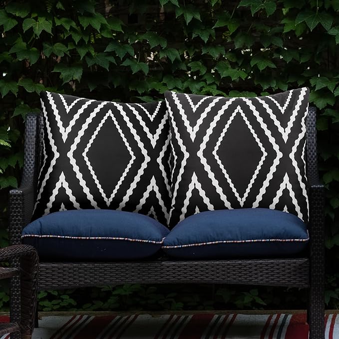 Adabana Outdoor Waterproof Throw Pillow Covers Set of 2 Boho Geometric Pillows Cover for Patio Garden 20 x 20 Inch Black and White