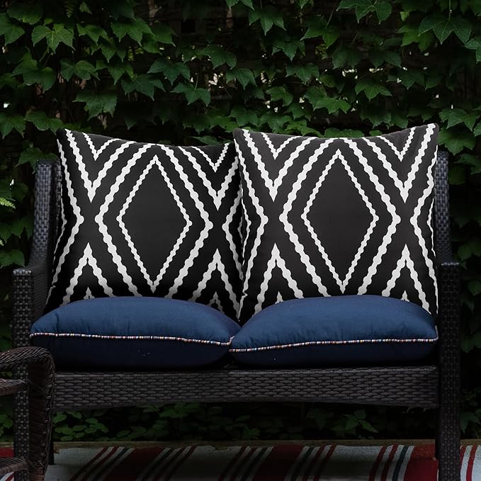 Adabana Outdoor Waterproof Throw Pillow Covers Set of 2 Boho Geometric Pillows Cover for Patio Garden 22 x 22 Inch Black and White