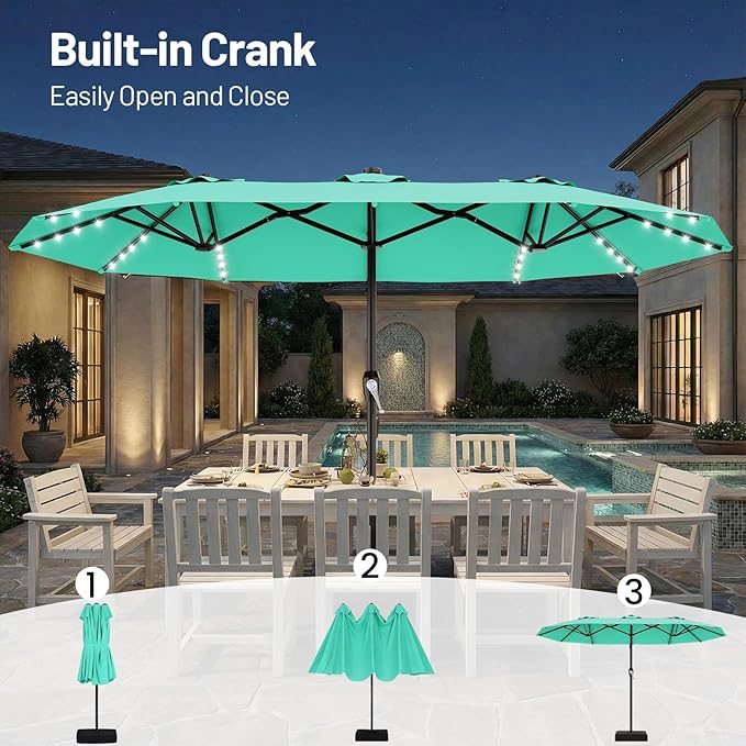 AreShark 15FT Patio Umbrella with Solar Lights, Double Sided Outdoor Table Umbrellas with Crank, Large Rectangular Market Umbrella for Porch, Lawn, Pool, Backyard, Peacock Blue