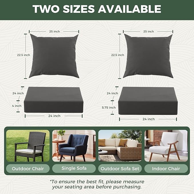 Outdoor Cushions for Patio Furniture, Outdoor Seat Cushion Set 24 x 24 x 5.75 Inch, Waterproof & Fade Resistant Outdoor Chair Cushions, Deep Patio Chair Cushion with Removable Cover, Dark Grey