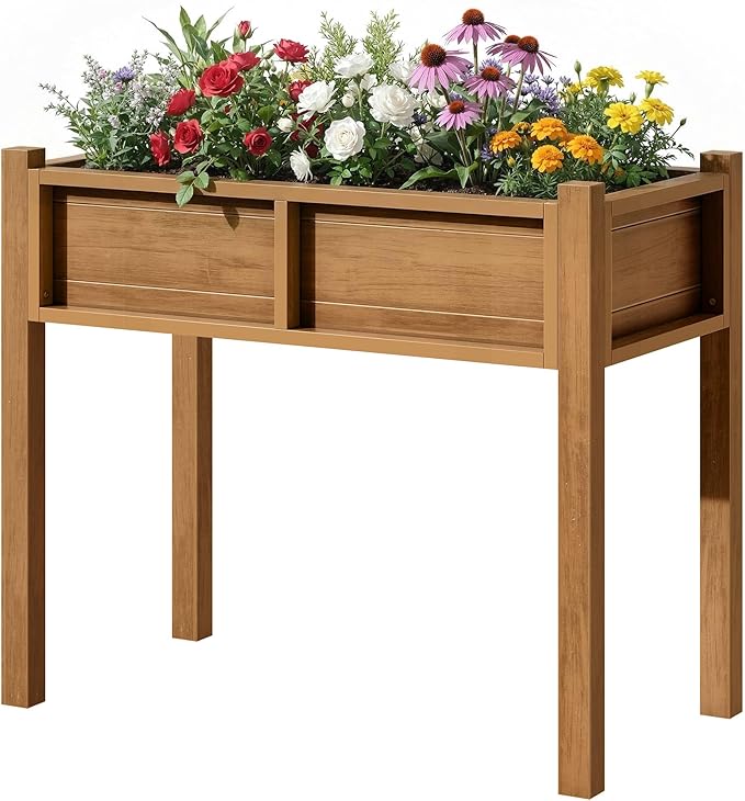 DWVO Raised Planter Box with Legs Raised Garden Bed HDPE Poly Wood Weather-Resistant Elevated Garden Bed with Drainage System Planter Boxes Outdoor for Herbs Vegetables Flowers, Teak