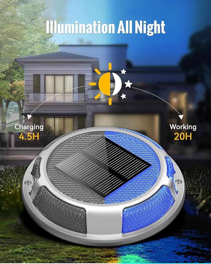 Solar Driveway Lights Dock Lights Waterproof 16 Pack, 2 Colors in 1 Outdoor LED Solar Deck Lights, Solar Powered Walk Way Light Road Marker for Warning Stair Pathway Patio Yard (Blue & White)