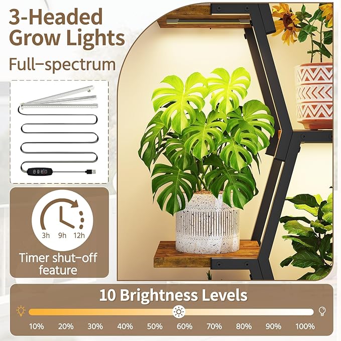 LASZOLA Black 5 Tier Tall Wood and Metal Plant Stand Indoor with Grow Lights, Large Heavy Duty Vertical Corner Flower Rack for Multiple Planter, Sturdy Rustic Shelf Holder Organizer for House Patio