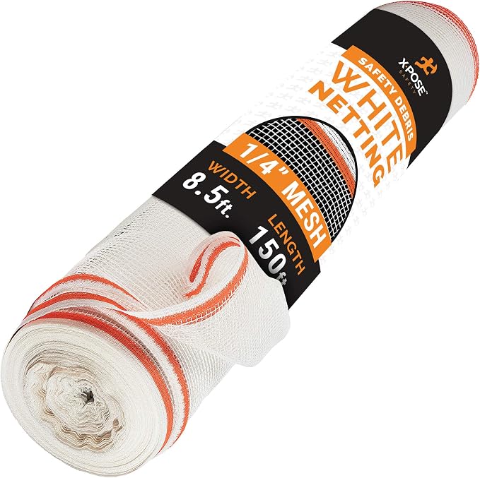 Xpose Safety Construction Safety Netting – 8.5' x 150', 1/4" Mesh Scaffold Safety Net, Temporary Material Roll, Visibility Fence, Heavy-Duty Fire Retardant, White