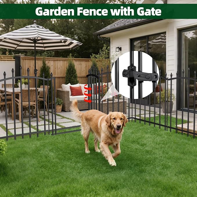 5 Panels，No Dig Edging Decorative Garden Fence，32 in （H） x 24 in（L），Metal Rustproof Panel，Outdoor Dog Fence，Animal Isolation Fence Suitable for Gardens，Roman Column Black with Gate