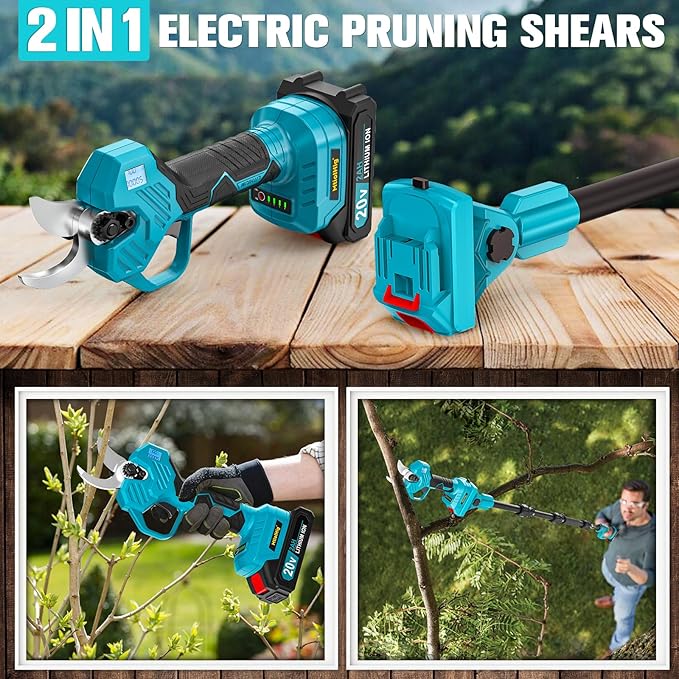 MtiolHig 2 in 1 Brushless Pole Electric Pruning Shears with 2 x Rechargeable Batteries, 13 Ft Total Reach Electric Cordless Pole Pruner, 0.8-2 Inch Pole Scissors for Garden Tools