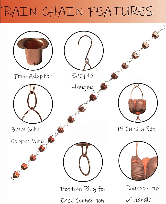 Pure Copper Garden rain Chain-Functional and Decor Replacement for Gutter Downspouts. Decor Rain Chime and Fountain. Lotus Design. One Free Adapter. 8.5 ft Length and 3 in Diameter,TF96325