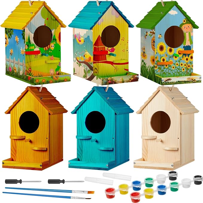 Liliful 6 Pack Wooden Birdhouse Kit for Kids and Adults, DIY Painting Set & Real Outdoor Birdhouse, Durable Craft for Garden, Classroom, Birthday Gifts Ages 3-5 4-8 8-12