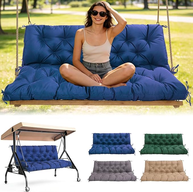 Porch Swing Cushions 60 Inch,Waterproof Patio 2 3 Seater Replacement for Outdoor Furniture with Backrest&Strap,Thick 4" Swing Seat Cushion for Loveseat Garden Glider Bench Lawn Backyard,Dark Blue