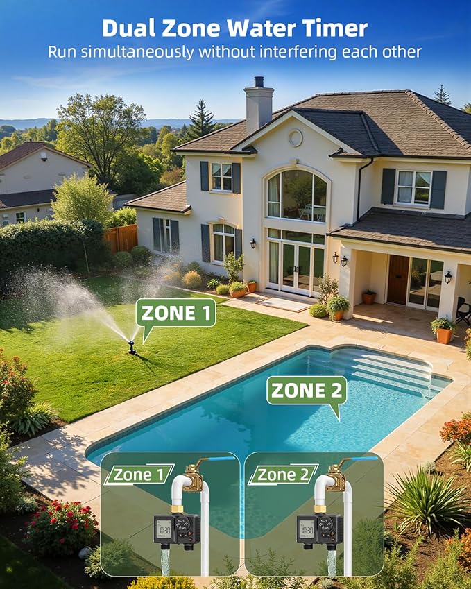 Sprinkler Timer 2 Zone,Water Timer for Garden Hose with Lithium Battery ＆ Controller Brass Inlet, Delay/Manual/Automatic Watering Irrigation System for Yard, Lawn,Garden IPX6 Waterproof