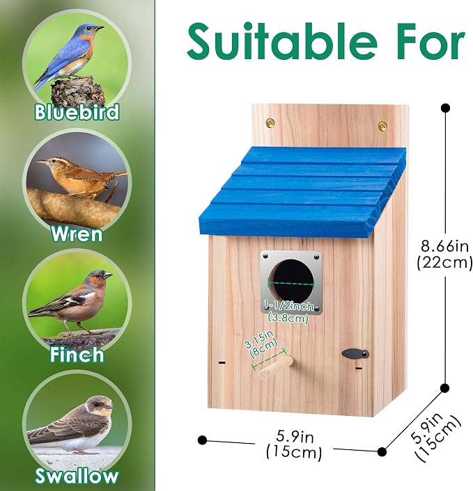Dreyoo 4 Pack Bluebird Houses for Outside, 1-1/2'' Entrance Hole Wooden Bluebird Houses for Outdoors with Metal Guard, Secure Latch, Fledgling Grooves, Air Vents (Blue Roof with Wood Body)